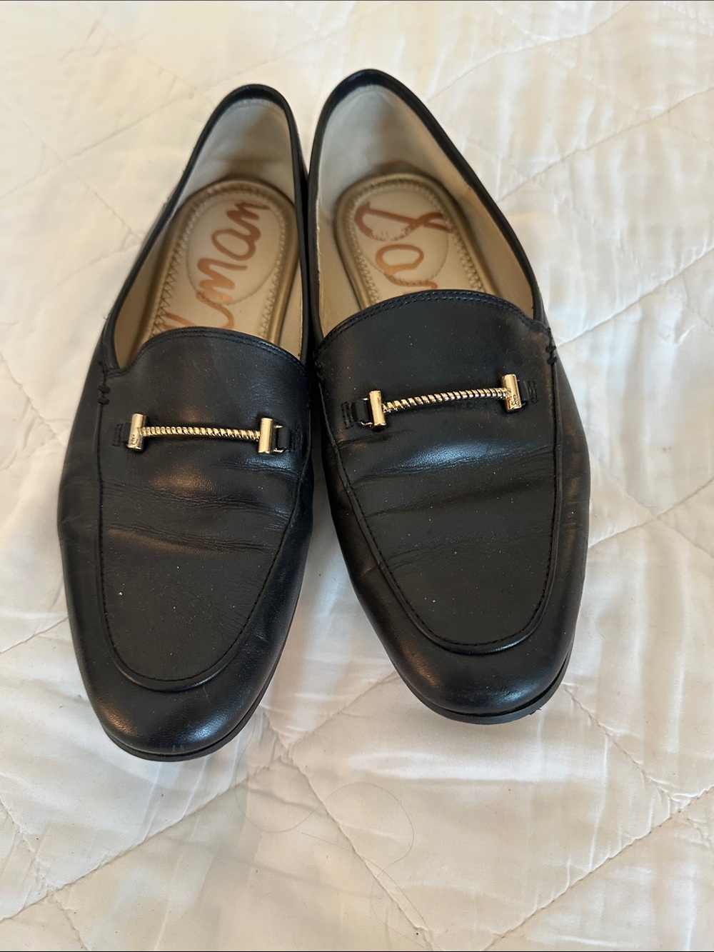 Sam Edelman Black Leather Loafers with Gold Accent
